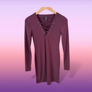 Y2K FOREVER 21 Womens Lace Up Long Sleeve Mini Dress Burgundy XS Grunge Goth Y2k